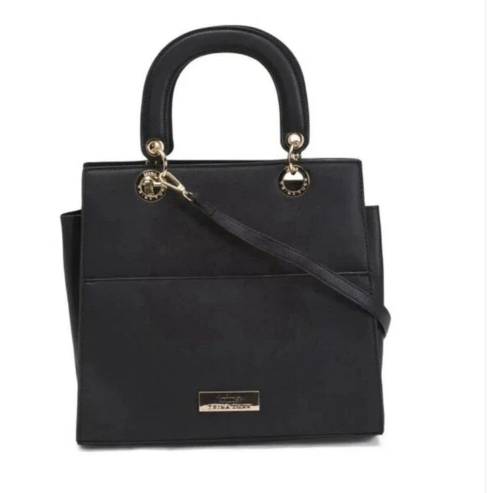 Trina Turk Black Vegan Leather Gold Hardware Removable Crossbody Strap Handbag - Picture 2 of 8
